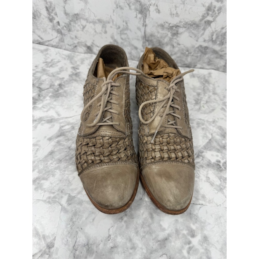 Frye Women Woven Leather Oxford Shoes Taupe Grey Lace Up 74450 Size 9 B - Picture 2 of 8